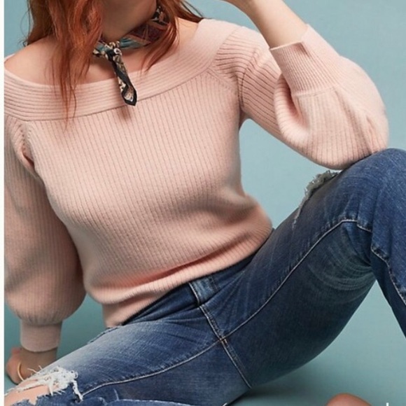 Anthropologie Moth Light Peach Dancer Off Shoulder Ribbed Sweater Size XS - Picture 2 of 13